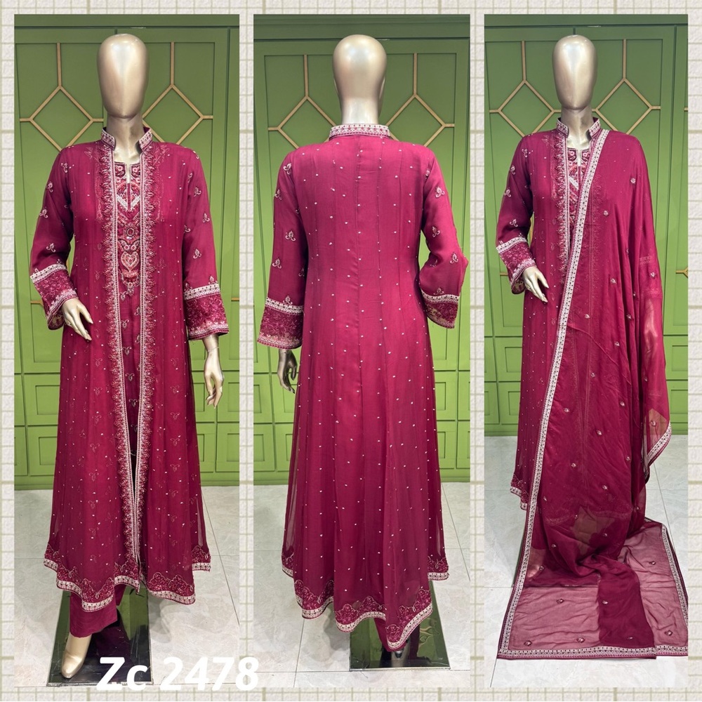 Elegant Embroidered Maroon Dress